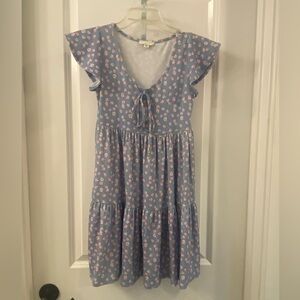 See You Monday Light Blue Floral Tie-Neck Tiered Dress with Pink Flowers XS